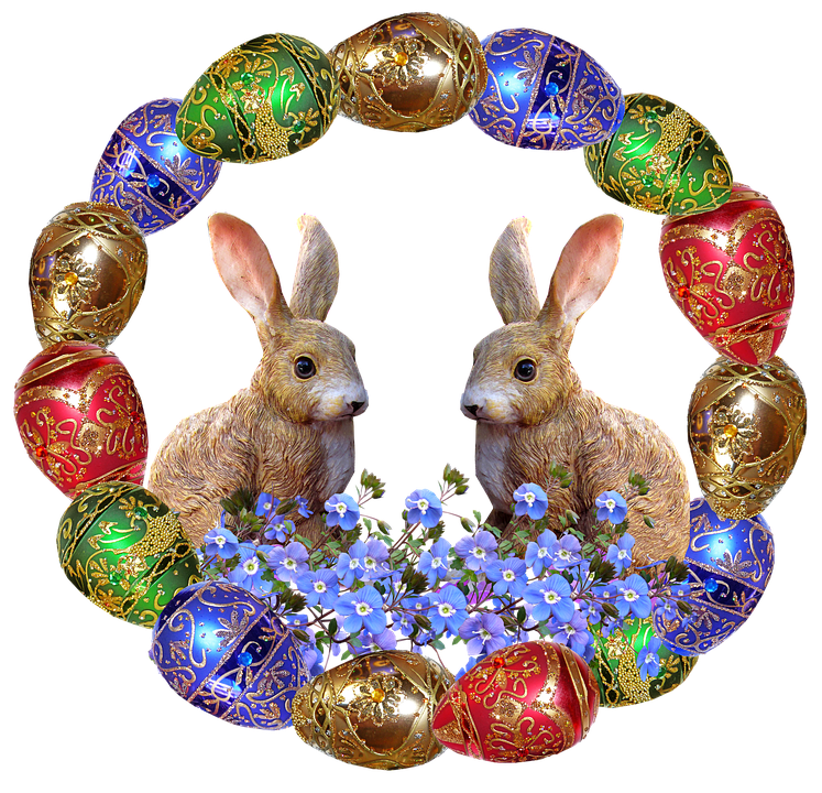 Easter Bunniesand Decorated Eggs Wreath PNG image