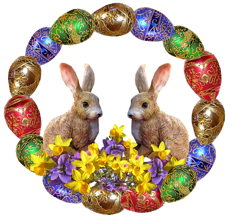 Easter Bunniesand Decorated Eggs Wreath PNG image