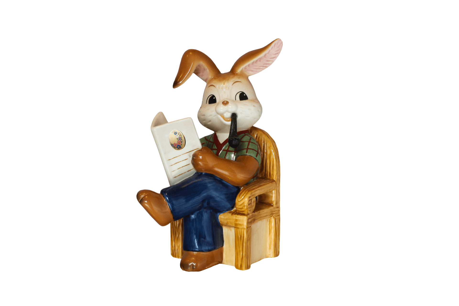 Easter Bunny Reading Book Figurine PNG image