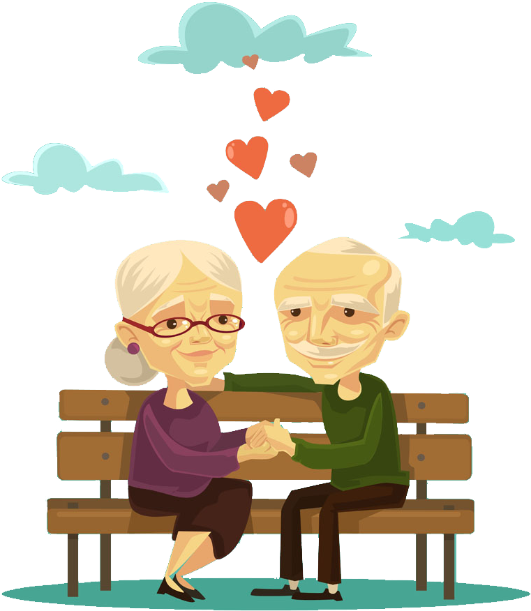 Elderly Couple Love Bench Cartoon PNG image