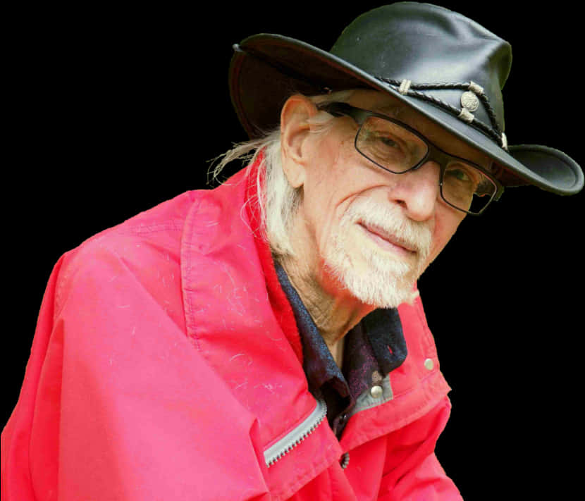 Elderly Manin Red Jacketand Black Hat PNG image