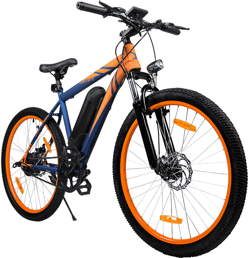 Electric Mountain Bike Orange Blue PNG image