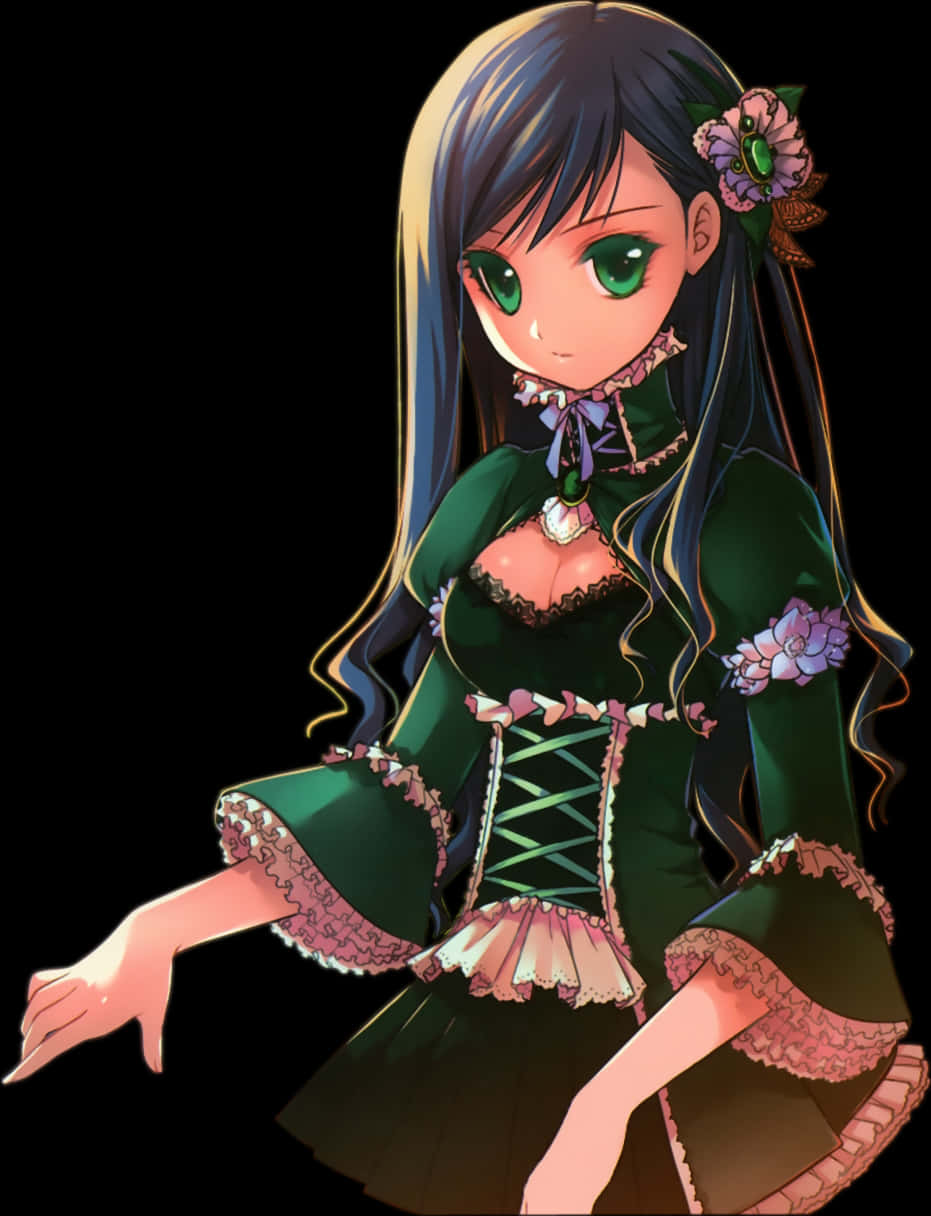 Elegant Anime Girlin Green Dress PNG image