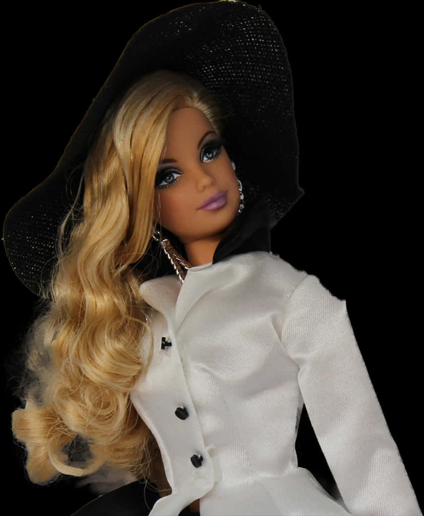 Elegant Barbiein Black Hatand White Coat PNG image