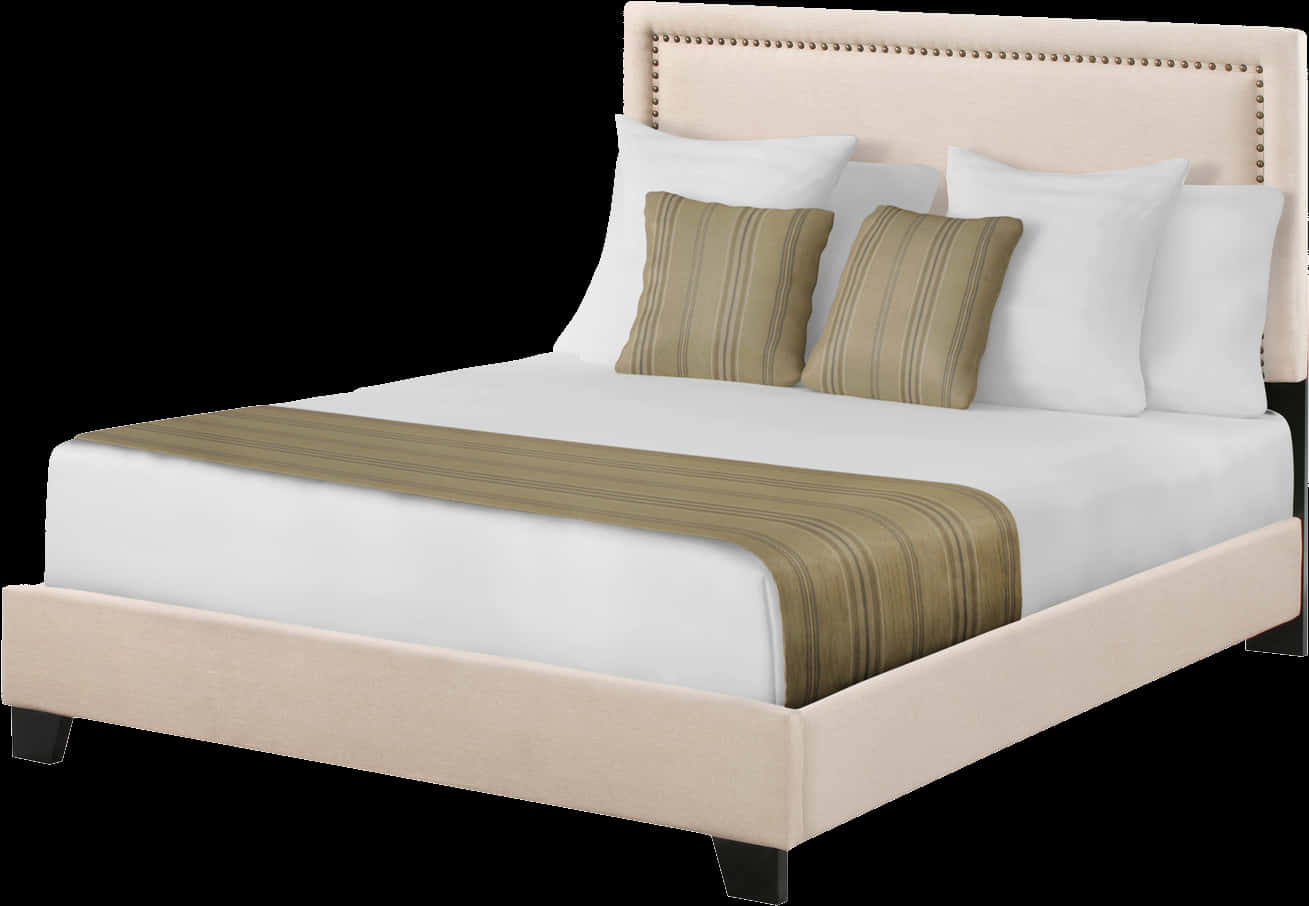 Elegant Beige Upholstered Bed PNG image