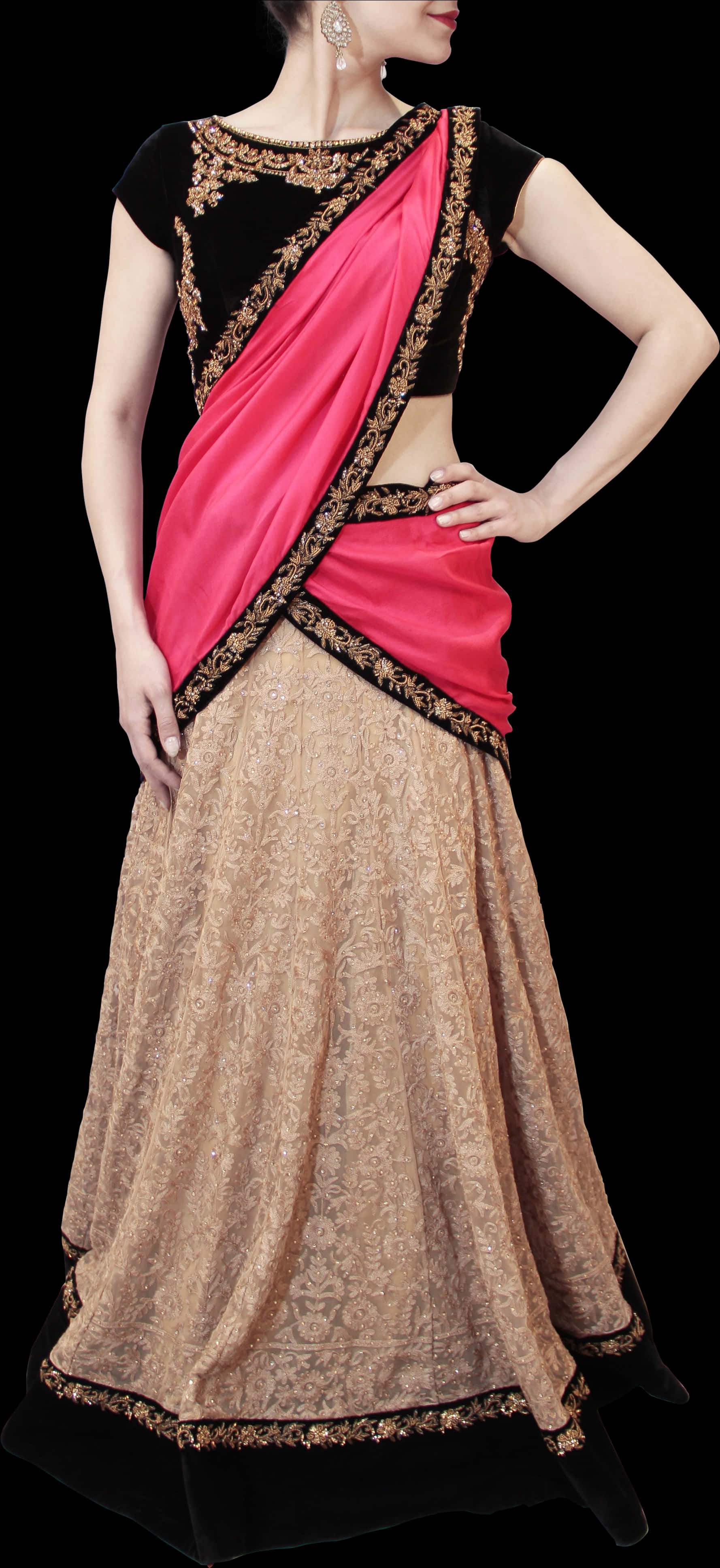 Elegant Beigeand Pink Saree Model PNG image