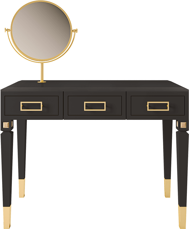 Elegant Black Gold Dressing Tablewith Mirror PNG image