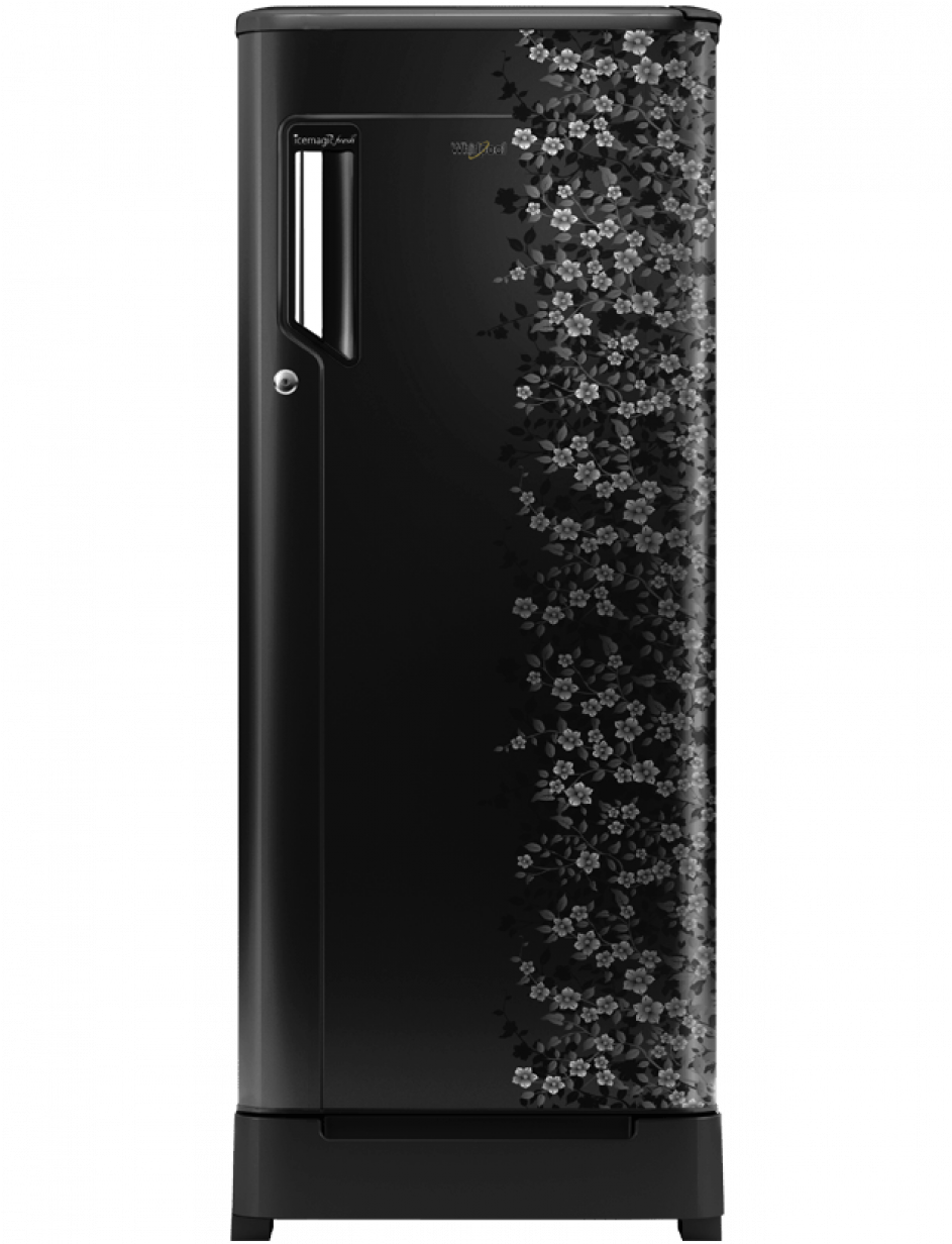 Elegant Black Single Door Refrigeratorwith Floral Design PNG image