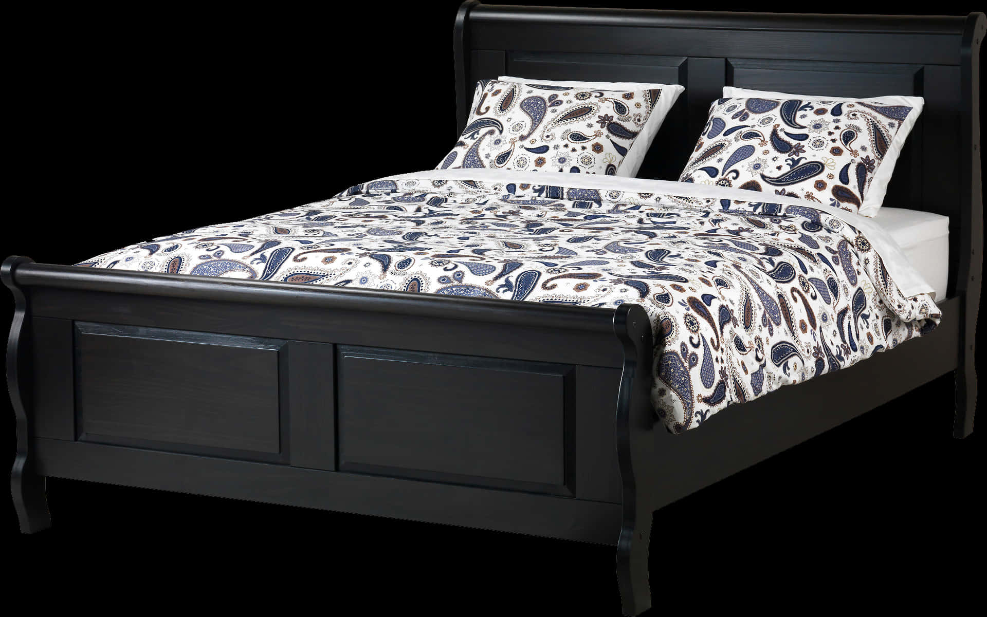 Elegant Black Wooden Bedwith Patterned Bedding PNG image