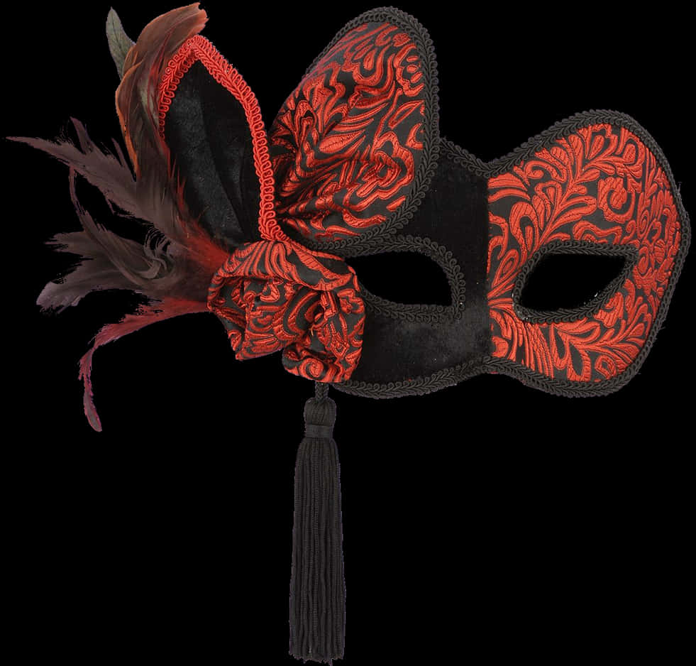 Elegant Blackand Red Venetian Maskwith Feathersand Tassel PNG image
