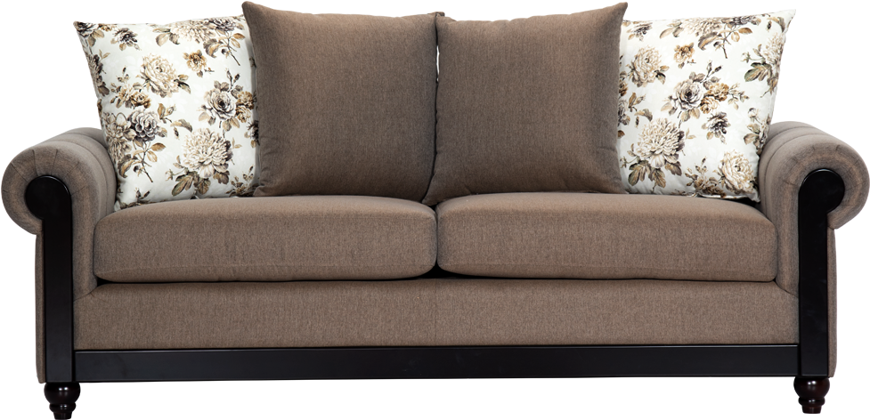 Elegant Brown Sofawith Floral Pillows PNG image