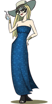 Elegant Cartoon Ladyin Blue Dress PNG image