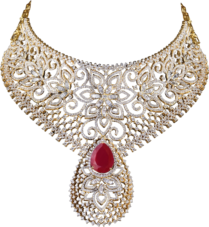 Elegant Diamondand Ruby Necklace Design PNG image