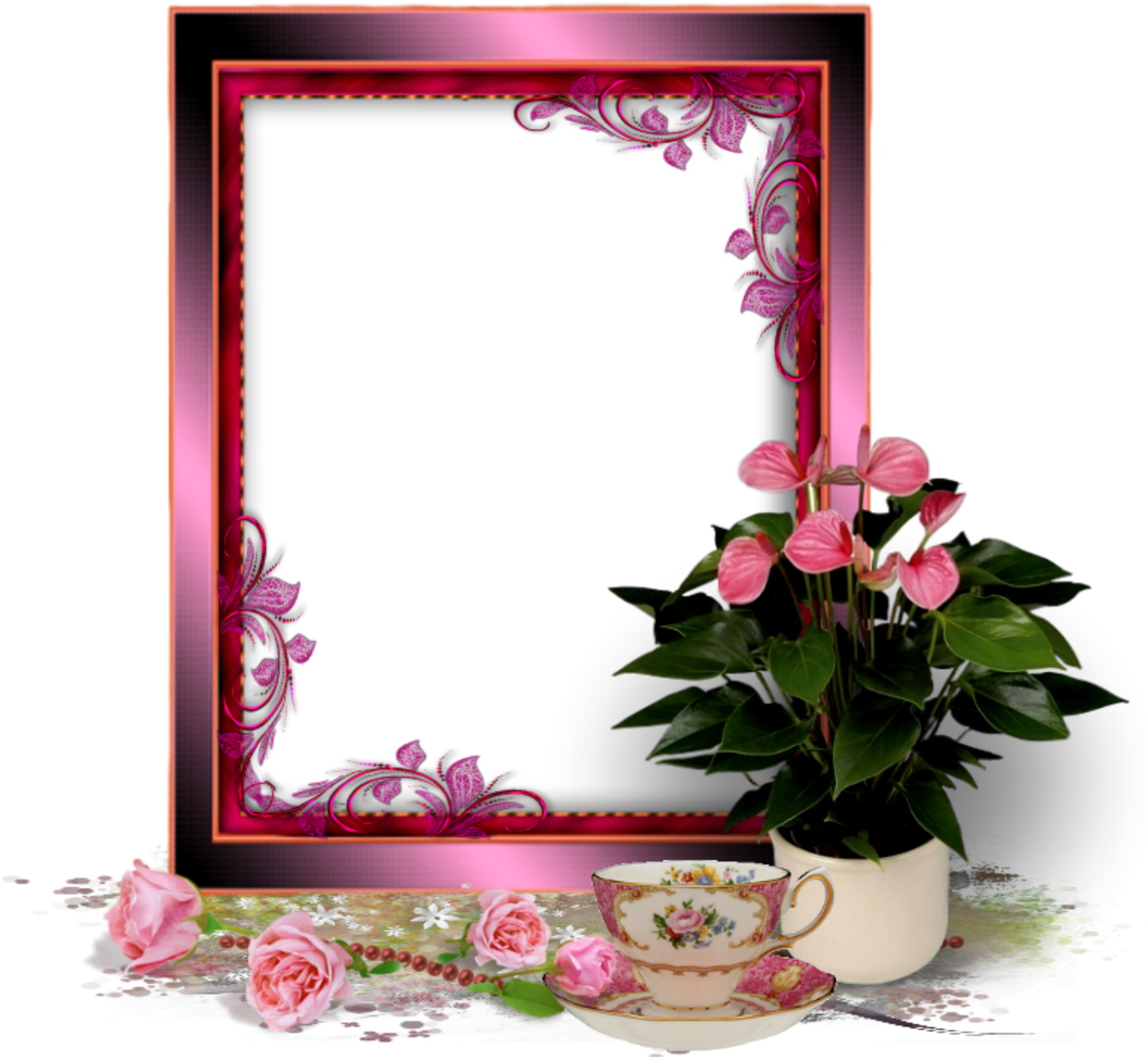 Elegant Floral Frameand Teacup PNG image