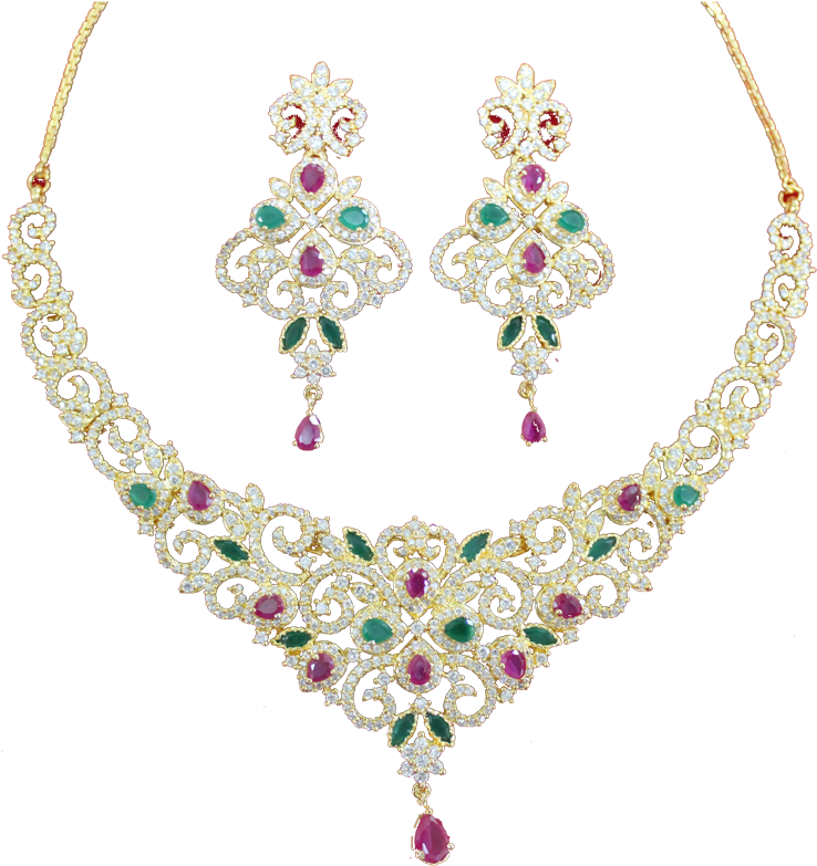 Elegant Gemstone Necklace Earrings Set PNG image