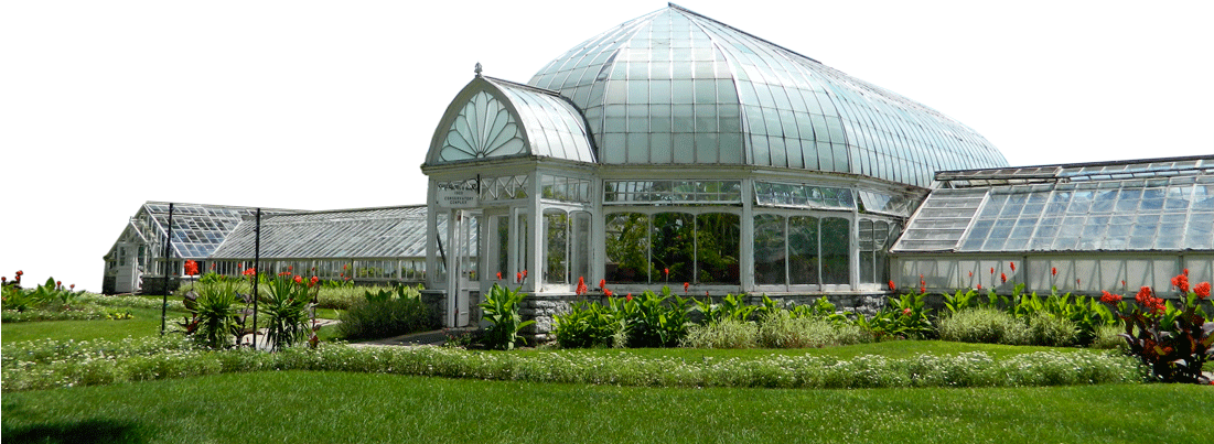 Elegant Glass Greenhouse Garden PNG image