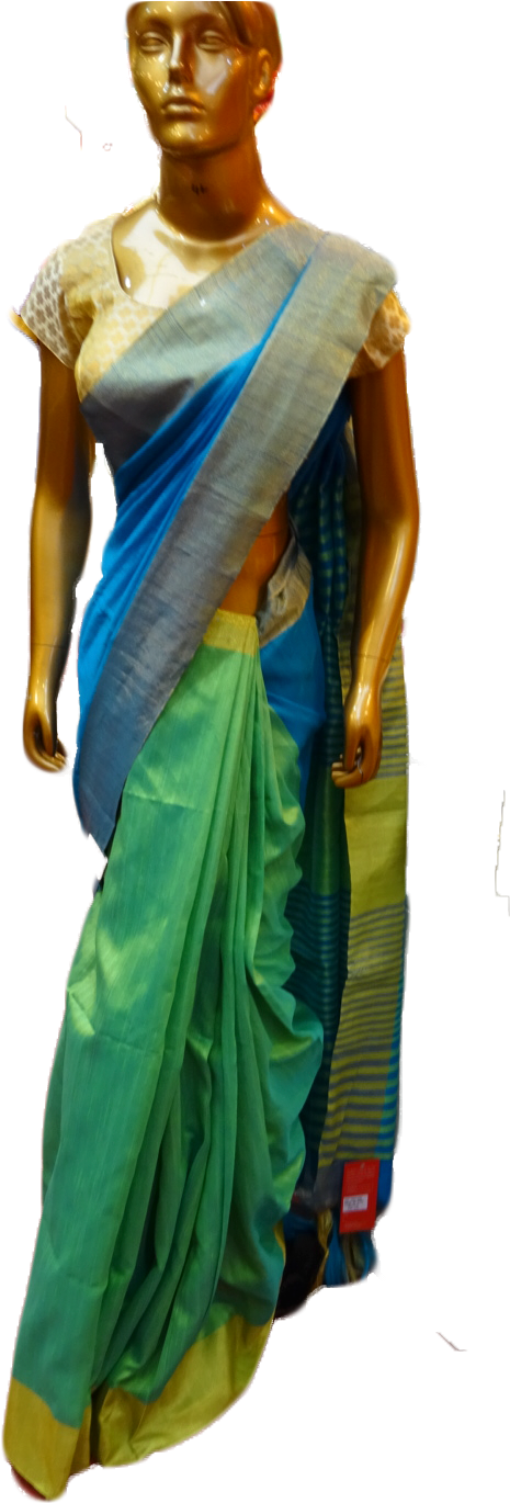 Elegant Greenand Blue Saree Mannequin PNG image