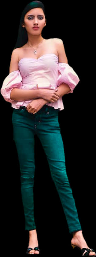 Elegant Indian Girlin Pink Topand Green Jeans PNG image