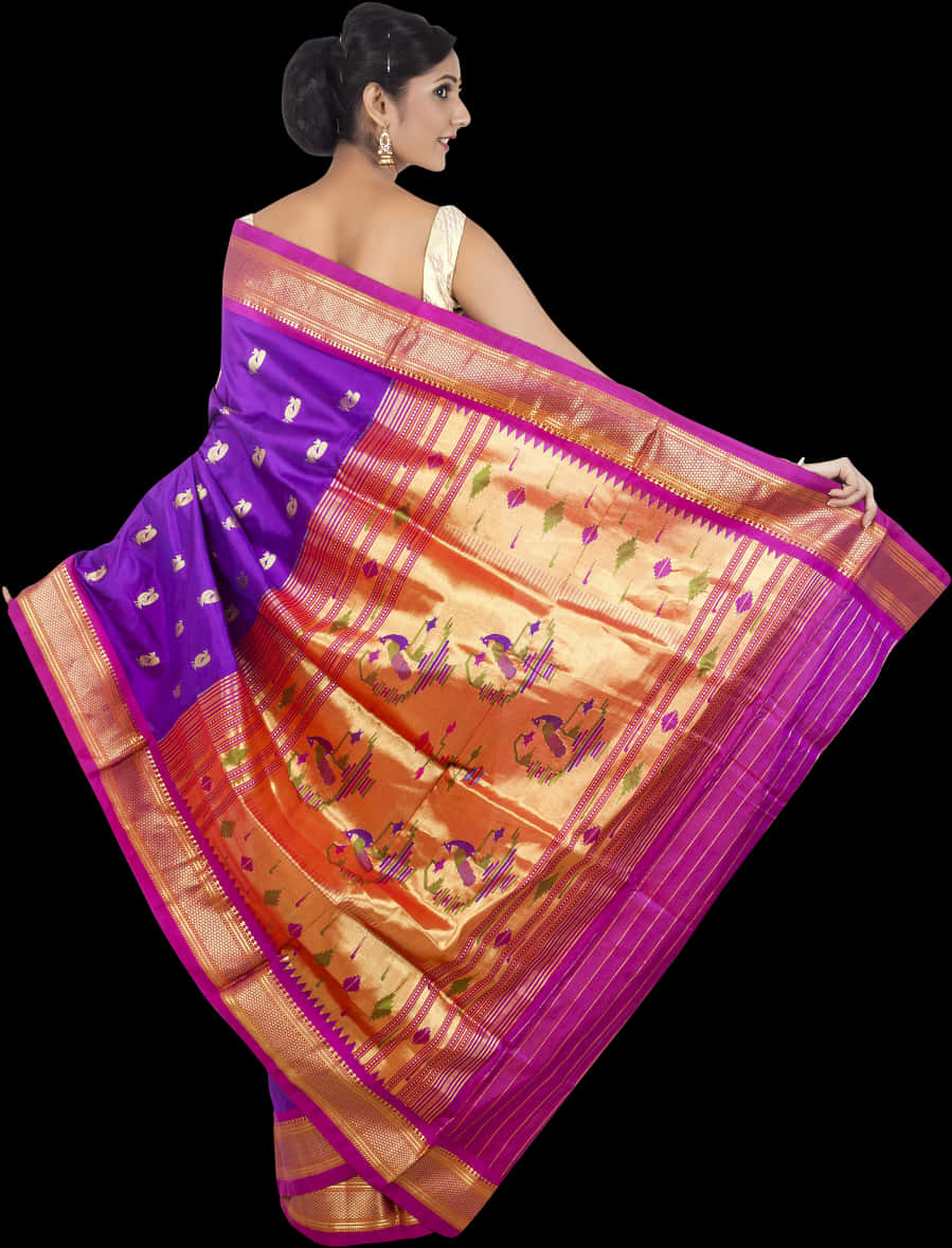 Elegant Indian Womanin Traditional Saree PNG image