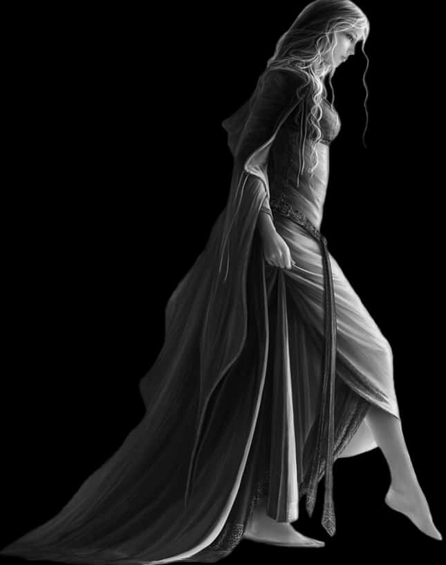 Elegant Monochrome Ladyin Flowing Dress PNG image