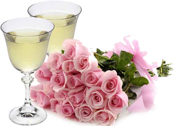 Elegant Pink Rosesand Champagne Flutes PNG image