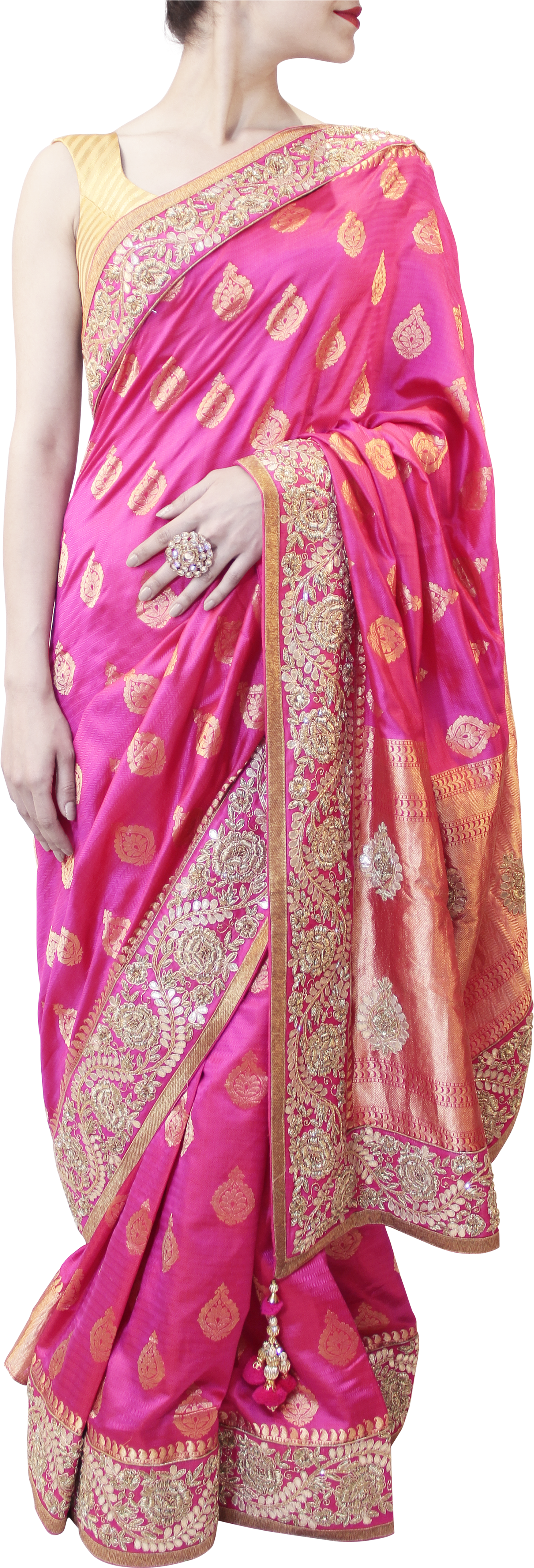 Elegant Pink Sareewith Golden Embroidery PNG image