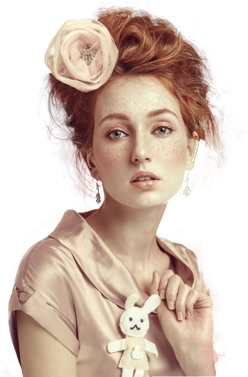 Elegant Portraitwith Flower Hairpieceand Bunny Finger Puppet PNG image