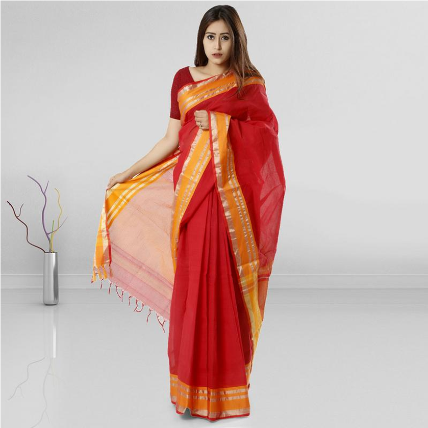 Elegant Red Saree Model Pose PNG image