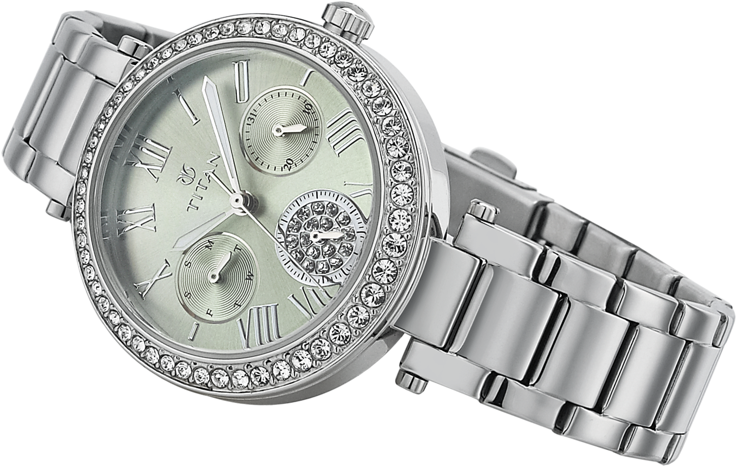 Elegant Silver Diamond Studded Watch PNG image