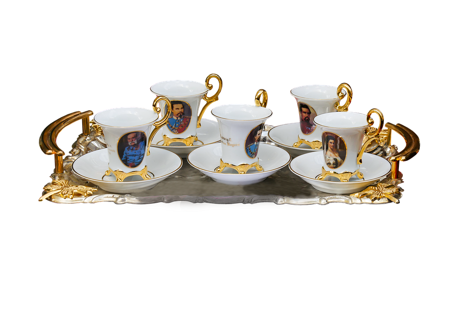 Elegant Tea Set With Portraits PNG image