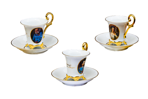 Elegant Teacupswith Portraits Gold Trim PNG image