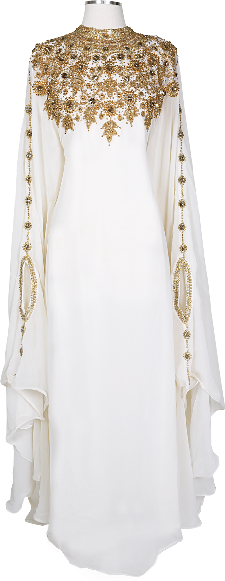 Elegant White Abayawith Gold Embroidery PNG image