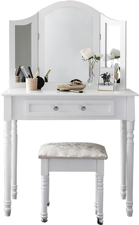 Elegant White Dressing Tablewith Stool PNG image