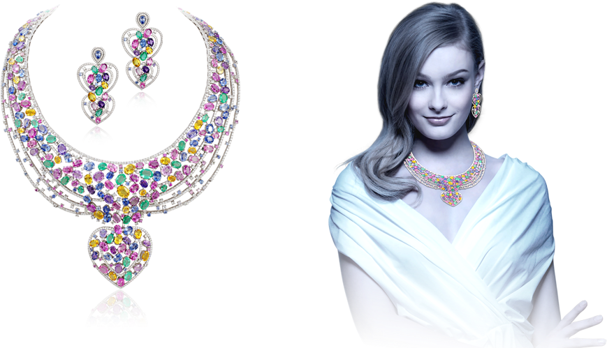 Elegant Woman Modeling Multicolored Jewelry Set PNG image