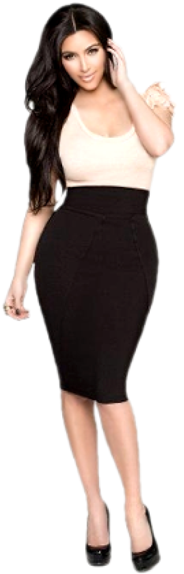 Elegant Womanin Black Skirtand Beige Top PNG image