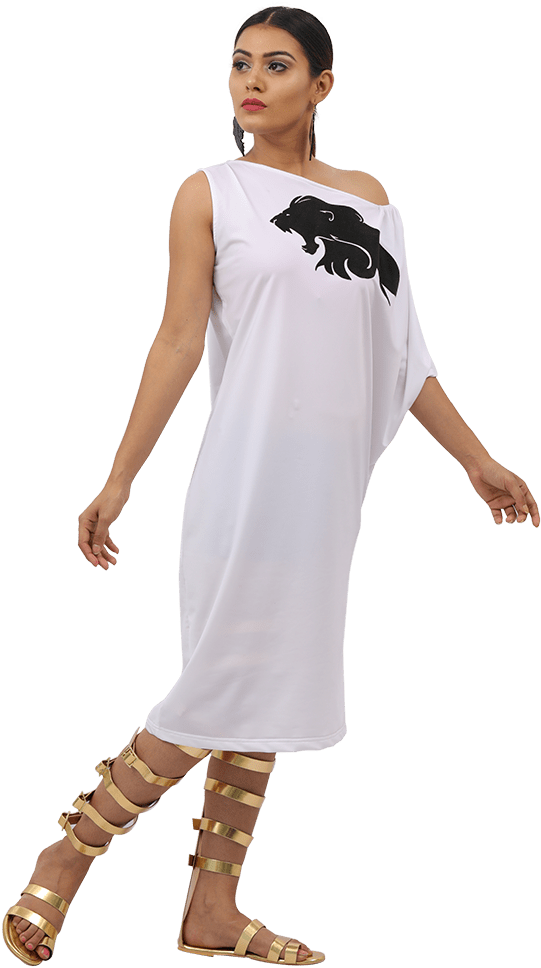 Elegant Womanin White Dressand Golden Sandals PNG image