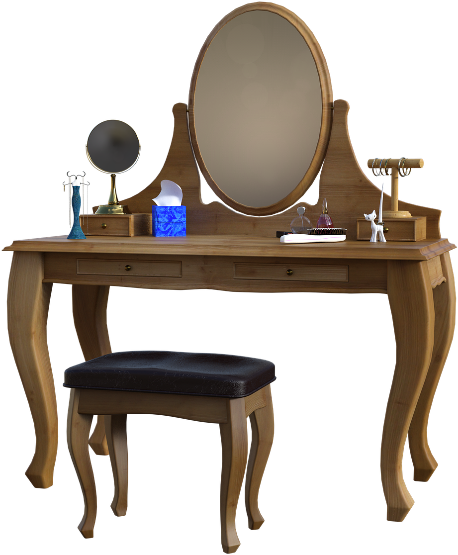 Elegant Wooden Dressing Table With Stool PNG image