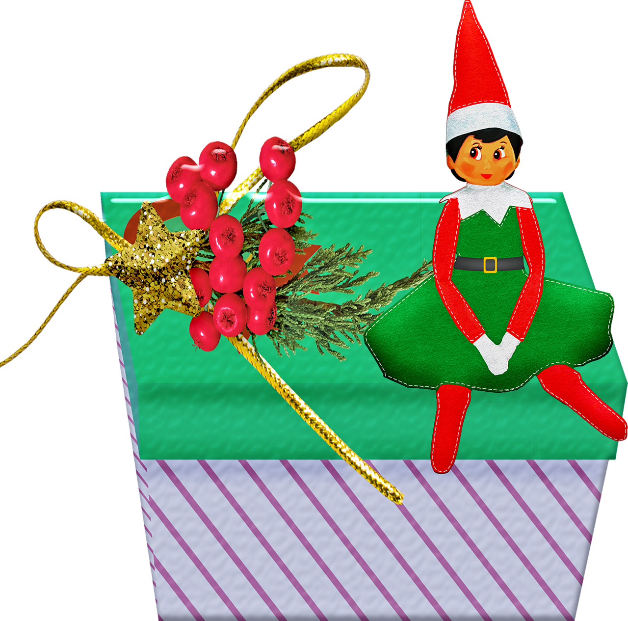 Elf On Gift Box With Christmas Decorations PNG image