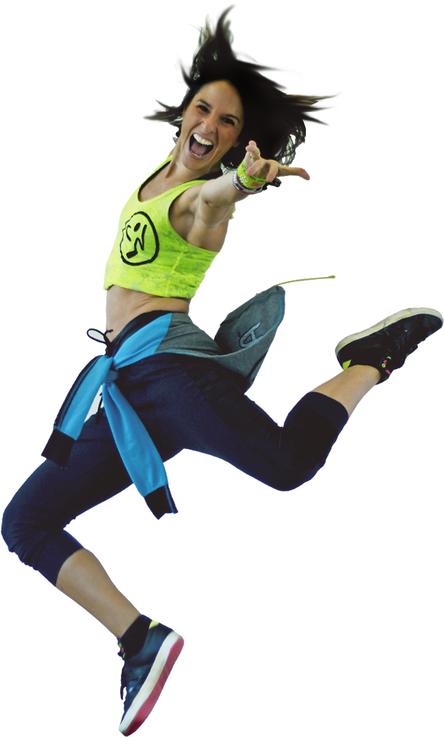 Energetic Zumba Instructor Jumping PNG image