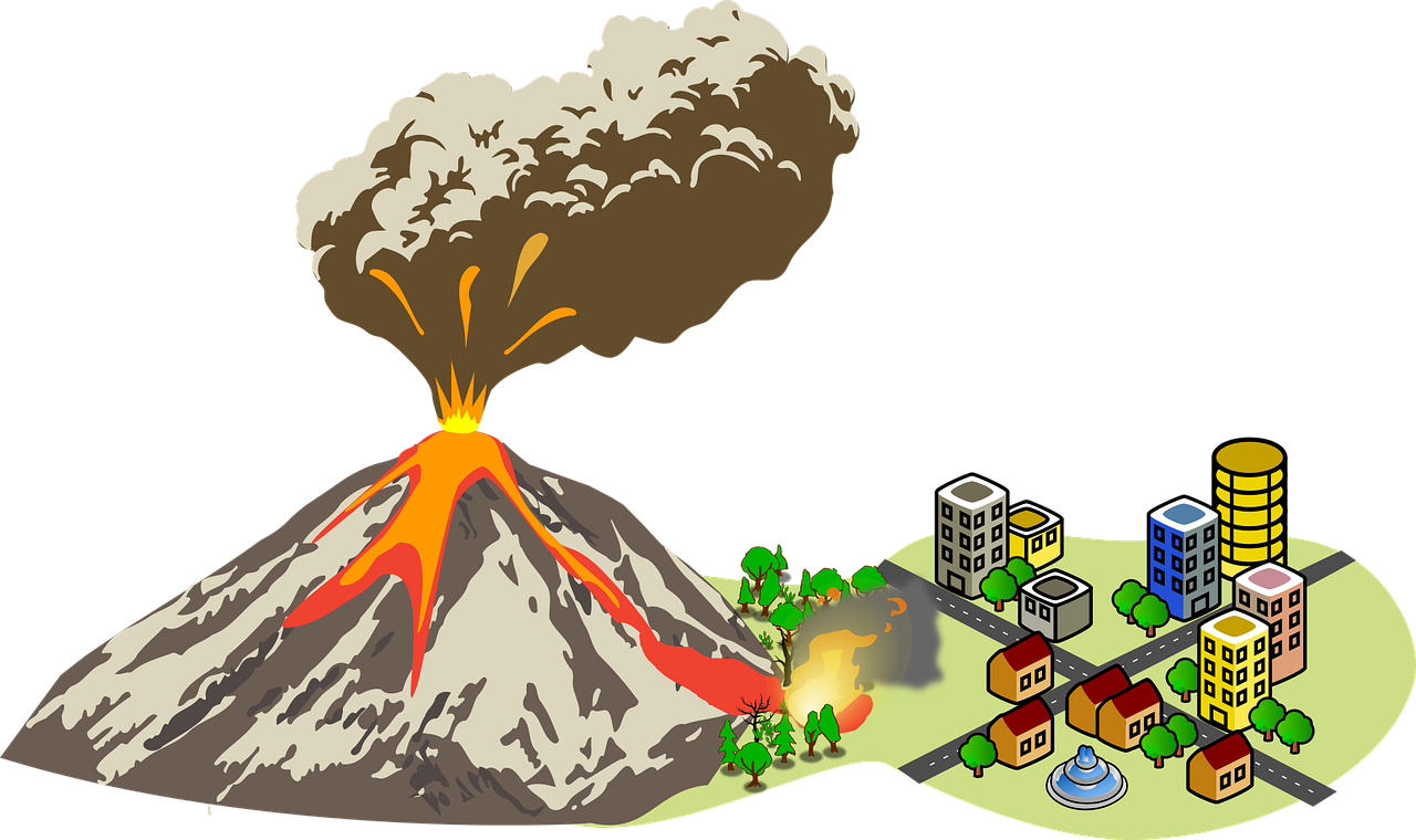 Erupting Volcano Near City Illustration.png PNG image