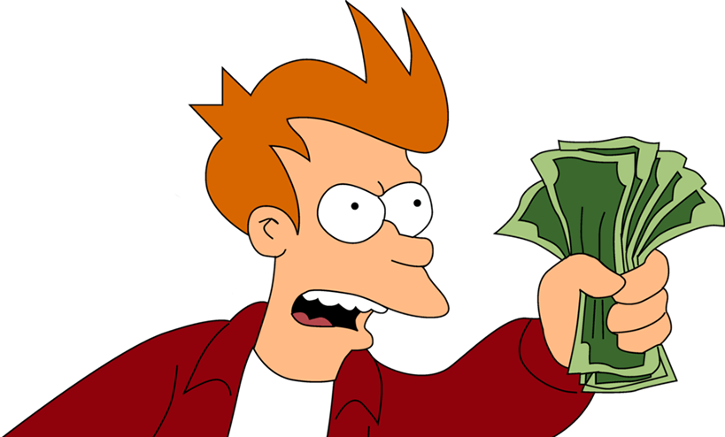 Excited Cartoon Character Holding Money PNG image