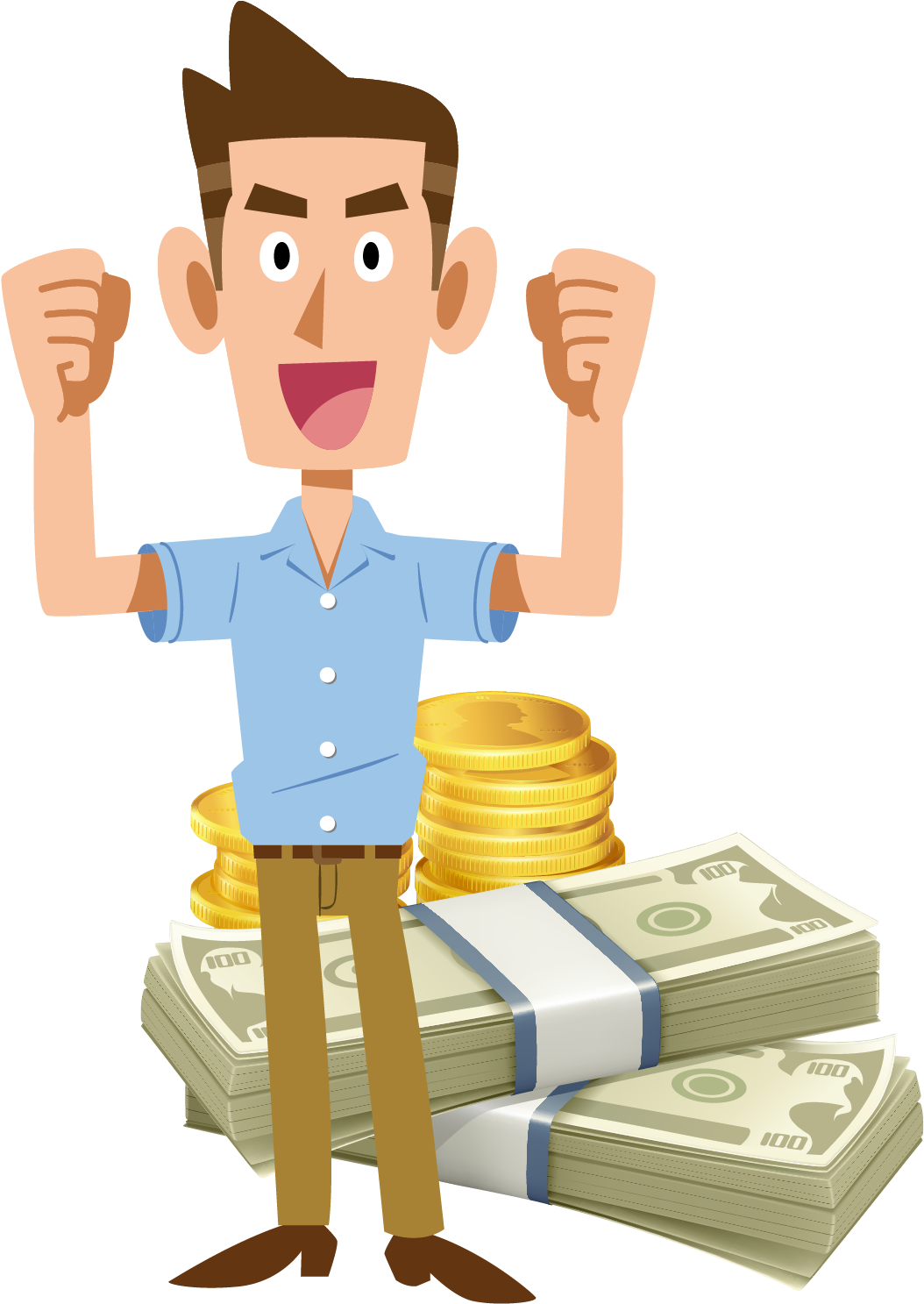 Excited Man Standing With Money Vector PNG image