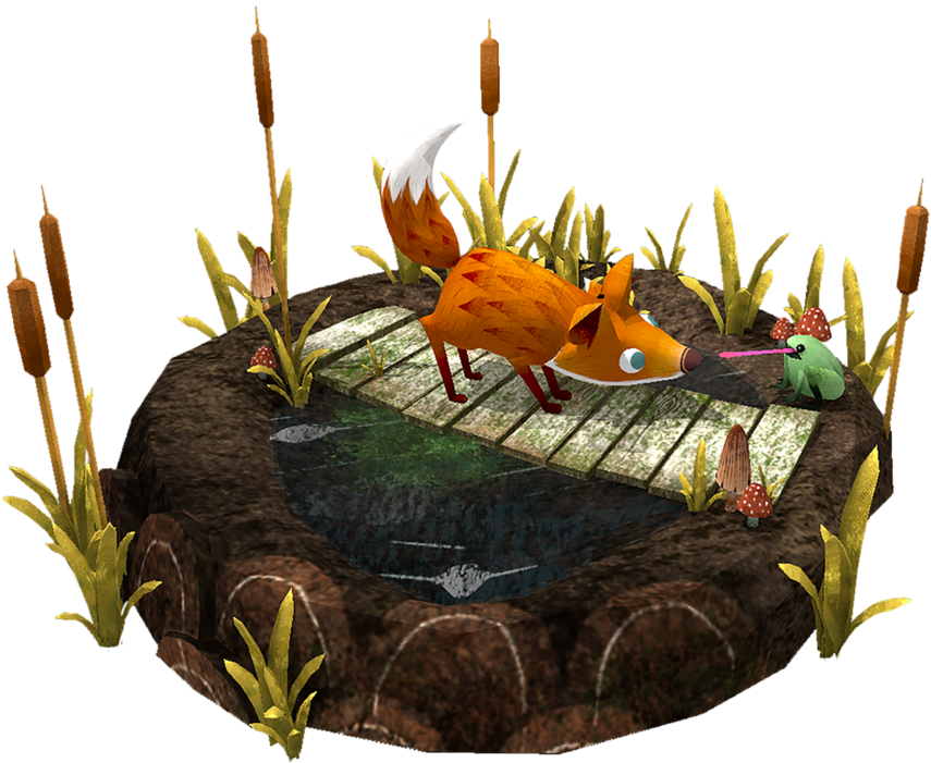 Fantasy Foxand Frogon Floating Island PNG image