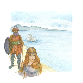 Fantasy Princessand Warriorby Sea PNG image