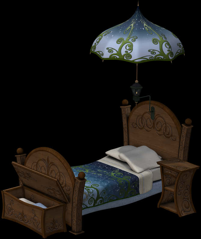 Fantasy Style Bed With Canopy Umbrella PNG image