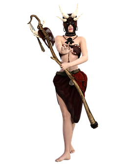 Fantasy Woman Horned Headdress Staff PNG image