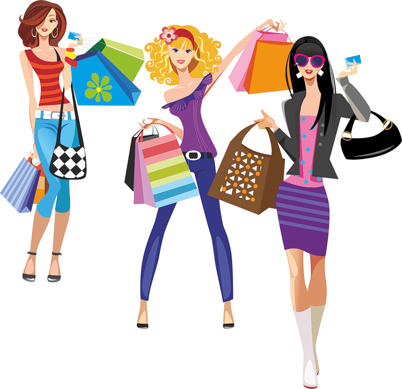 Fashionable Shoppers Cartoon Illustration PNG image