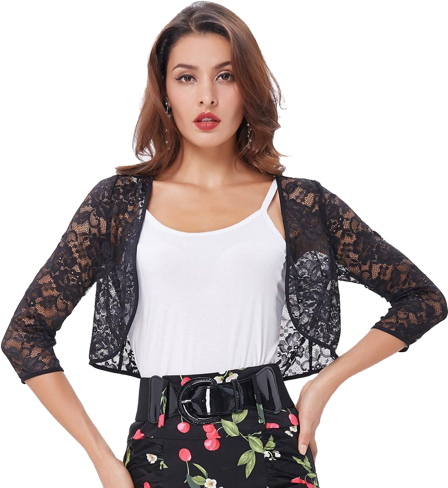 Fashionable Womanin Lace Cardigan PNG image