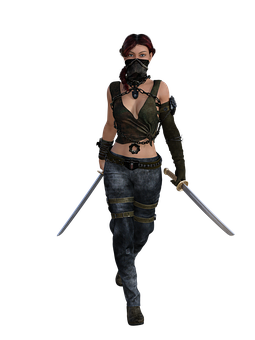 Female Video Game Characterwith Swords PNG image