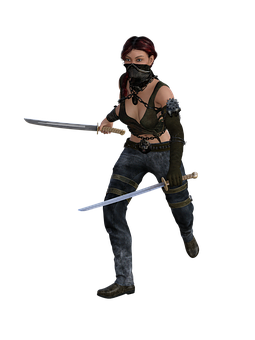 Female Warrior Dual Swords Black Background PNG image